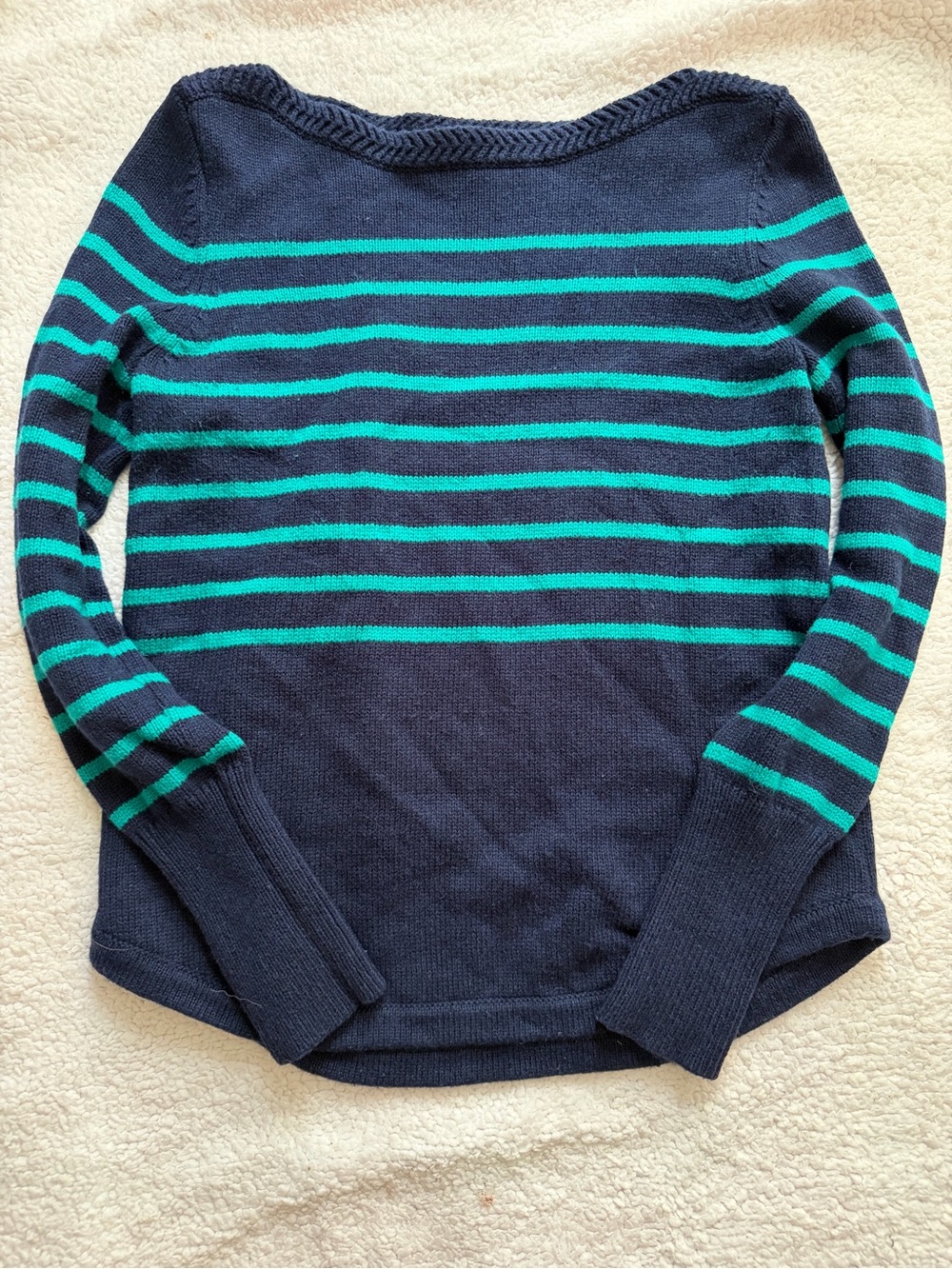 LOFT Ann Taylor Navy Blue Teal Striped Boatneck Knit Sweater Ribbed Cuffs M